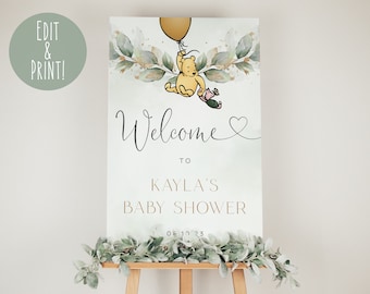 Classic Winnie The Pooh Baby Shower Welcome Sign, Printable Winnie The Pooh Greenery Baby Shower Sign, Green & Gold Pooh Bear Welcome Board