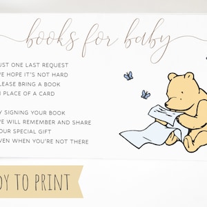 Winnie de Pooh babyshowerboeken voor baby invoegen, afdrukbare boeken voor babykaart, Pooh Bear babyshowerboek verzoek bijlage downloaden DIY