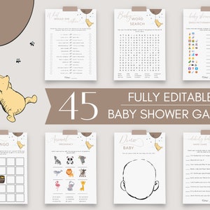May include: A set of 45 printable baby shower games featuring a Winnie the Pooh theme. The games include "Baby Bingo", "What Would She Rather", "Animal Pregnancy", "Baby Word Search", "Draw the Baby", "Celebrity Baby Name Game", and "Baby Shower Emoji Dictionary".
