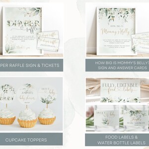 May include: A set of printable baby shower party decorations featuring a green and gold floral design. The set includes a diaper raffle sign, tickets, cupcake toppers, food labels, and water bottle labels. The text on the sign reads "Diaper Raffle".