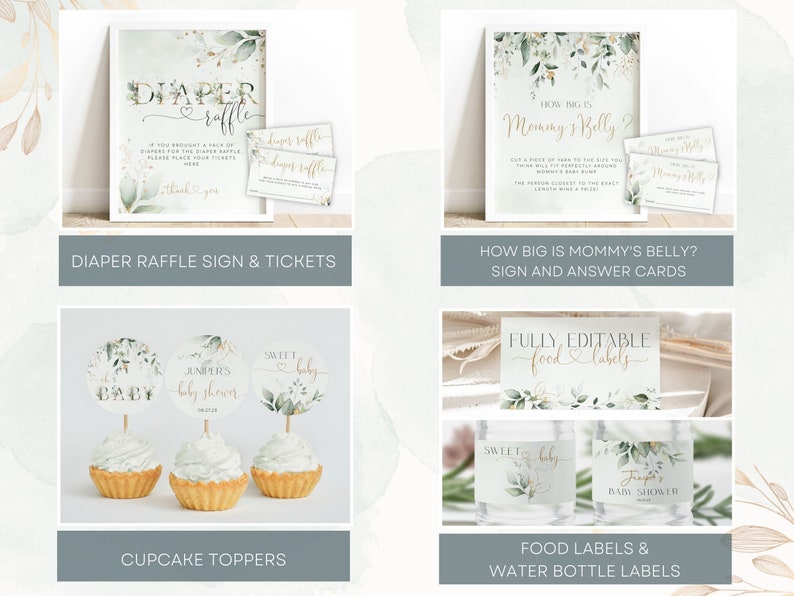 May include: A set of printable baby shower party decorations featuring a green and gold floral design. The set includes a diaper raffle sign, tickets, cupcake toppers, food labels, and water bottle labels. The text on the sign reads "Diaper Raffle".