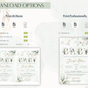 May include: Printable baby shower invitation with a green and gold floral design. The invitation says "Oh Baby" with a heart and features the text "Juniper Adams" and the date "August 27, 2028".