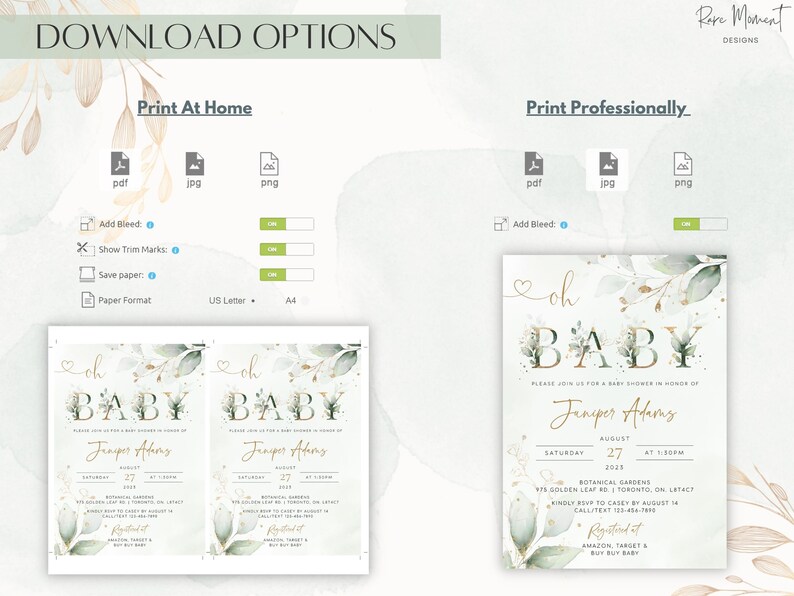 May include: Printable baby shower invitation with a green and gold floral design. The invitation says "Oh Baby" with a heart and features the text "Juniper Adams" and the date "August 27, 2028".