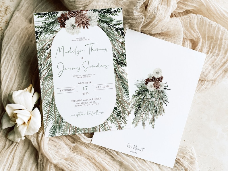 Winter Wedding Invitation Suite, Christmas Wedding Invitation Template, Editable Rustic Winter Wedding Invite Set, RSVP and Details Card image 7