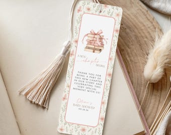 A New Chapter Begins Baby Shower Bookmark, Printable Bookmark Template, Girl Baby Shower Bookmark Favor, Pink Storybook Baby Shower Bookmark
