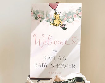 Classic Winnie The Pooh Baby Shower Welcome Sign, Printable Winnie The Pooh Girl Baby Shower Sign, Rose Blush Pink Pooh Bear Welcome Poster