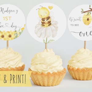 Bee Birthday Cupcake Toppers Template, Printable Bee Dessert Toppers, 1st Birthday Bee Cake Toppers, Bee Birthday Cupcake Decorations DIY