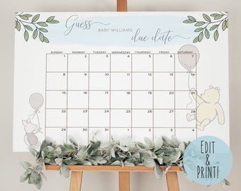 Classic Winnie The Pooh Baby Shower Guess The Due Date Sign Template, Guess The Arrival Baby Shower Board, Baby Shower Due Date Calendar