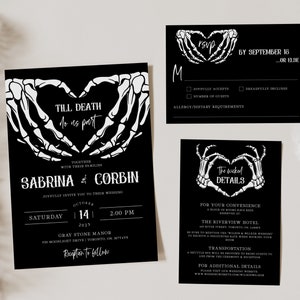 Halloween-Hochzeitseinladungsvorlage, Gothic-Hochzeits-Einladungsreihe, Till Death Do Us Part Bearbeitbare Einladung, Skelett-Hochzeits-Einladungs-Set