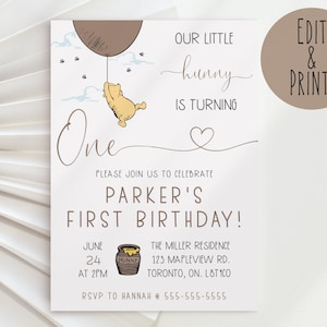 Winnie The Pooh 1st Birthday Invitation Template, Winnie The Pooh First Birthday Invitation Instant Download, Pooh Bear Birthday Invitation