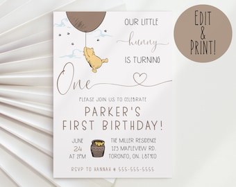 Winnie Pooh 1. Geburtstag Einladung Vorlage, Winnie Pooh ersten Geburtstag Einladung sofortiger Download, Pooh Bär Geburtstagseinladung