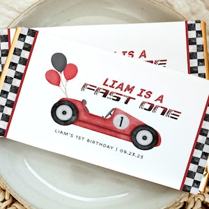 Fast One Birthday Chocolate Bar Wrapper, Race Car Candy Wrappers, Racecar Birthday Party Chocolate Favors, Custom 1st Birthday Favors Label