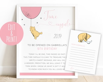 Classic Winnie The Pooh 1st Birthday Time Capsule Sign, Pink Time Capsule & Letter Template, Girl 1st Birthday Signs, Printable Time Capsule