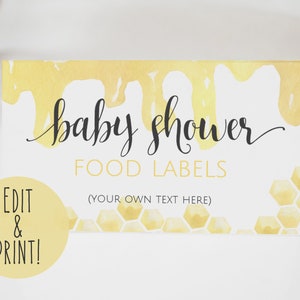 Plantilla de etiquetas de comida para baby shower con tema de abeja de miel, tarjetas de comida imprimibles para baby shower de mamá a abeja, etiquetas de comida editables para baby shower de abejorro