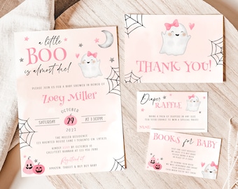 A Little Boo Is Almost Due Baby Shower Invitation, Pink Halloween Baby Shower Digital Evite, Printable Ghost Girl Baby Shower Invite Bundle