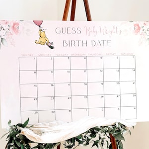 Pink Winnie The Pooh Baby Shower Guess The Due Date Sign, Floral Guess The Arrival Girl Baby Shower Game, Printable Baby Prediction Calendar