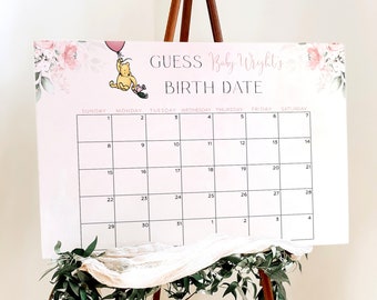 Pink Winnie The Pooh Baby Shower Guess The Due Date Sign, Floral Guess The Arrival Girl Baby Shower Game, Printable Baby Prediction Calendar