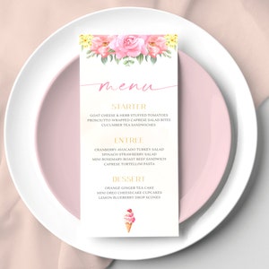 Elle a été récupérée menu de douche nuptiale, menu imprimable de douche nuptiale d'été, carte de menu de boisson de douche rose et or modifiable, brunch de mariée