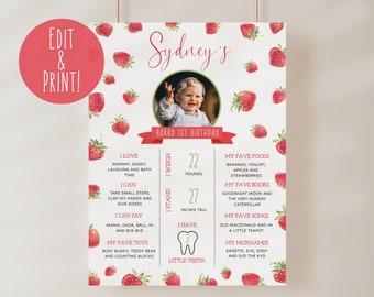 Berry First Birthday Milestone Sign Template, Strawberry 1st Birthday Sign, Editable Strawberry Milestones Board, Girl 1st Berry Birthday