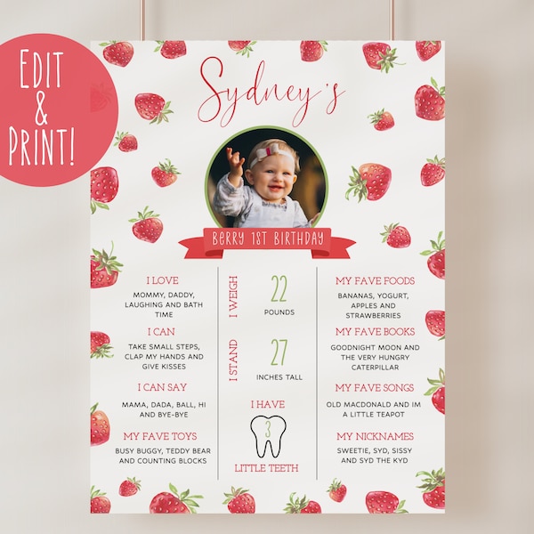 Berry First Birthday Milestone Sign Template, Strawberry 1st Birthday Sign, Editable Strawberry Milestones Board, Girl 1st Berry Birthday