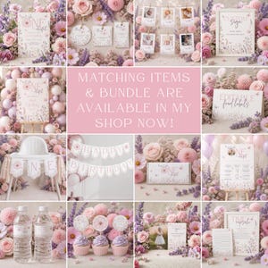 May include: A collection of birthday party stationery and decorations featuring floral designs in shades of pink and purple. Items include invitations, banners, food labels, cupcake toppers, water bottle labels, and signs with text like One Wonderful.