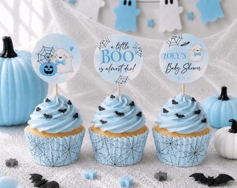 Halloween Baby Shower Cupcake Toppers Template, Printable Blue Baby Shower Dessert Toppers, Boy Fall Baby Shower, Little Boo Is Almost Due