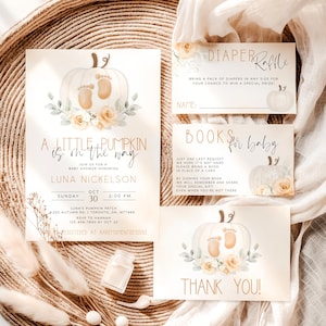 A Little Pumpkin Is On The Way Invitation, Printable Pumpkin Baby Shower Invite Set, Fall Baby Shower Invite Bundle, Editable Evite Template