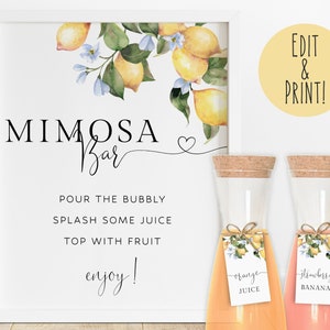 Plantilla de letrero de barra de mimosa de despedida de soltera de limón, letrero de barra de mimosa imprimible y etiquetas de jugo, letrero de mesa de barra de burbujas de despedida de soltera de cítricos editable