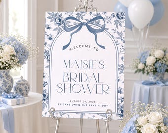 Chinoiserie Bridal Shower Welcome Sign, Something Blue Bridal Shower Decor, Vintage Wedding Shower Poster, Dusty Blue Toile, Canva Template