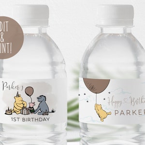 Classic Winnie The Pooh Water Bottle Labels, Printable Winnie The Pooh 1st Birthday Water Bottle Labels, DIY Water Bottle Editable Template