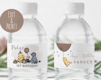 Etiquetas clásicas de botellas de agua de Winnie The Pooh, etiquetas imprimibles de botellas de agua de 1er cumpleaños de Winnie The Pooh, plantilla editable de botella de agua DIY