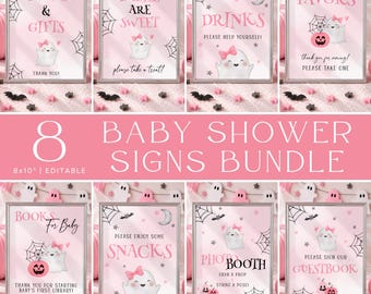 Halloween Baby Shower Signs Bundle, Little Boo Baby Shower Printable Sign Template, Girl Ghost Editable Table Signs, Favors, Cards and Gifts