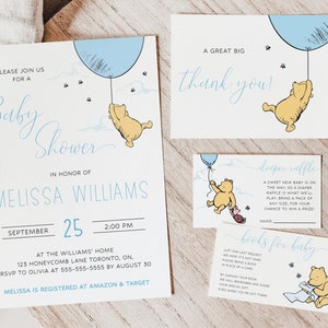 Classic Winnie The Pooh Baby Shower Invitation Template, Winnie The Pooh Blue Baby Shower Invite Set, Blue Pooh Bear Evite Digital Download