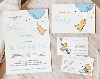 Modello classico di invito per baby shower Winnie The Pooh, set di inviti per baby shower blu di Winnie The Pooh, orsetto blu Pooh per evitare il download digitale