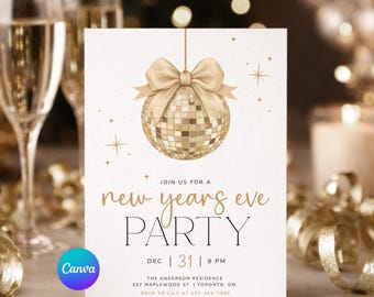 New Years Eve Party Invitation, Gold New Years Eve Digital Evite, Disco Ball New Years Invite, 2026 NYE Invitation, Canva Template