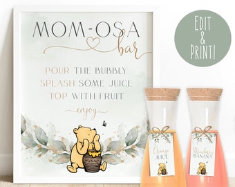 Classic Winnie The Pooh Baby Shower Mom-osa Bar Sign Template, Printable Winnie The Pooh Table Sign, Greenery Shower Mimosa Sign, Momosa Bar