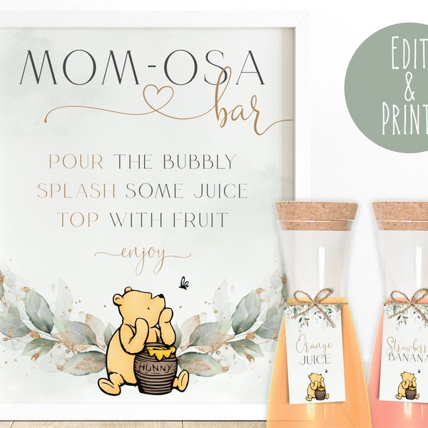 Klassieke Winnie de Poeh baby shower Mom-osa Bar teken sjabloon, afdrukbare Winnie de Poeh tafel teken, groen douche Mimosa teken, Momosa Bar