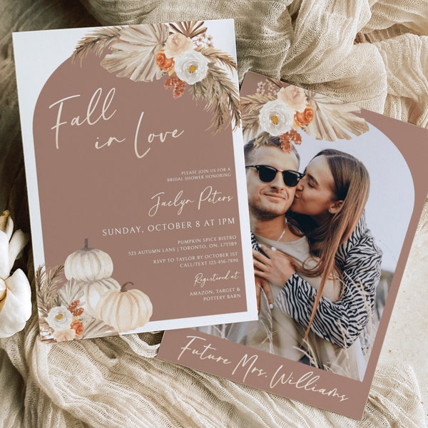 Fall In Love Bridal Shower Invitation Template, Printable Boho Pumpkins Shower Invite, Fall Bridal Shower Digital Evite, Instant Download