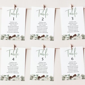 Winter bruiloft zitplaatsen grafieksjabloon, afdrukbare rustieke kerst bruiloft zitplaatsen kaarten, salie bruiloft hangende tafel zitplaatsen grafiek kaarten DIY