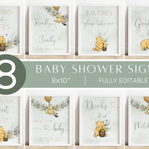 Klassieke Winnie de Poeh babyshowerbordenbundel, Winnie de Poeh babyshowerborden, gastenboek, baby's zijn lief, gunsten, kaarten en geschenken