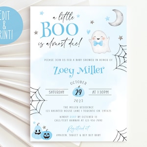 Halloween Baby Shower Invitation Template, A Little Boo Is Almost Due Invitation, Boy Baby Shower Evite, Fall Baby Shower, Blue Ghost Invite