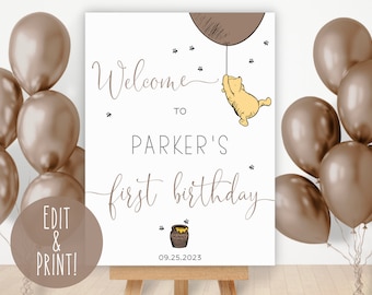 Klassisches Winnie The Pooh Willkommensschild zum ersten Geburtstag, bearbeitbare Beschilderung für die erste Geburtstagsparty, neutrale benutzerdefinierte Pooh Bear Party-Zeichenvorlage