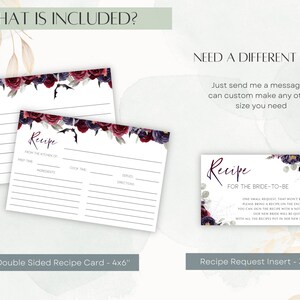 May include: A printable recipe card set with a dark floral design. The card is 4x6 inches and includes a recipe request insert that is 3.5x2 inches. The text on the card reads "Recipe" and "From the Kitchen of".