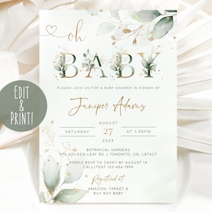 Greenery Baby Shower Invitation Template, Neutral Green and Gold Baby Shower Invite, Eucalyptus Baby Shower Evite, Oh Baby Shower Invitation