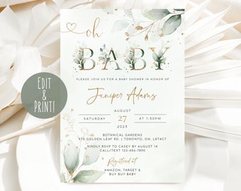 Greenery Baby Shower Invitation Template, Neutral Green and Gold Baby Shower Invite, Eucalyptus Baby Shower Evite, Oh Baby Shower Invitation