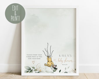 Puede incluir: Un marco blanco con un cartel de baby shower con temática de Winnie the Pooh. El cartel tiene un fondo de acuarela con hojas verdes y detalles dorados. El texto en el cartel dice "Baby shower de Kayla 06.10.23".