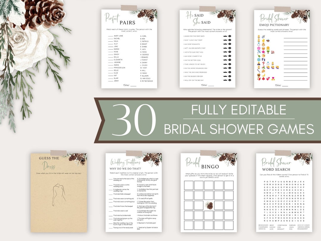Winter Bridal Shower Games, Bridal Shower Games Bundle, Rustic Pinecone ...
