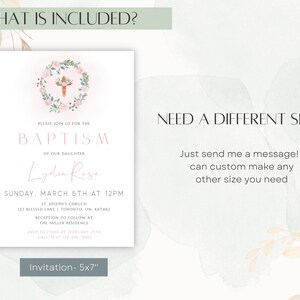 Peut inclure: Une invitation de bapt&ecirc;me rose et blanche avec une couronne de fleurs et une croix. L'invitation comprend le texte "Veuillez vous joindre &agrave; nous pour le bapt&ecirc;me de notre fille Lydia Rose" ainsi que la date et l'heure de l'&eacute;v&eacute;nement. L'invitation comprend &eacute;galement l'emplacement de l'&eacute;glise et de la r&eacute;ception. Le texte "Invitation-5x7" est en bas de l'invitation.
