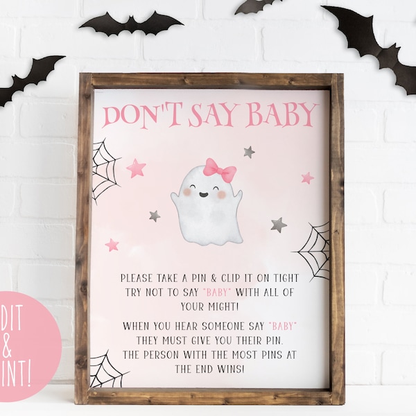 Pink Little Boo Baby Shower Don't Say Sign Template, Halloween Dont Say Baby Game Sign, Girl Baby Shower Activity, Clothespin Game Download