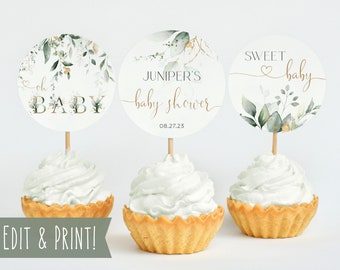 Greenery Baby Shower Cupcake Toppers Template, Printable Circle Baby Shower Dessert Toppers, Eucalyptus Shower Decor, Editable Shower Favors